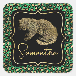 Luxury Green Leopard Print Gold Animal Monogram Square Sticker