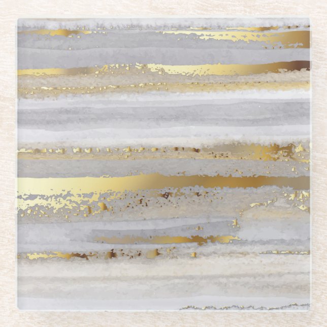 Luxury Grey Gold Watercolor Texture Glass Coaster (Front)