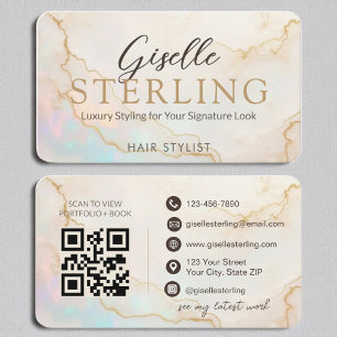 Luxury Hair Stylist Pearl Opal Gold Script Business Card