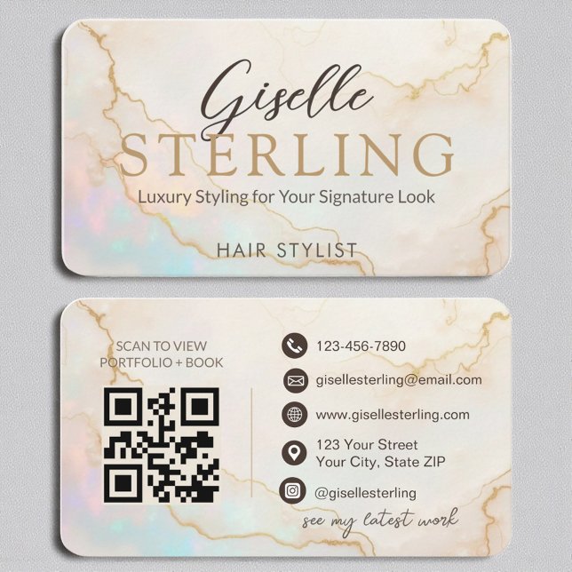 Luxury Hair Stylist Pearl Opal Gold Script Business Card (Creator Uploaded)