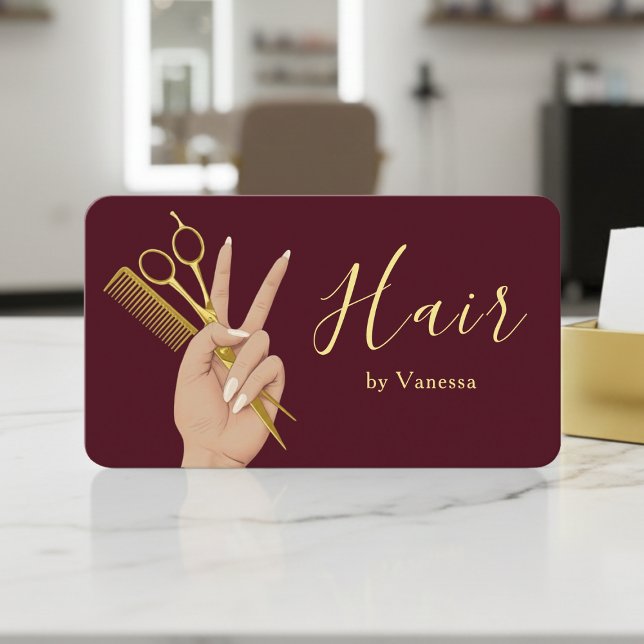 Luxury Hairstylist Hairdresser Modern Burgundy Business Card (Creator Uploaded)