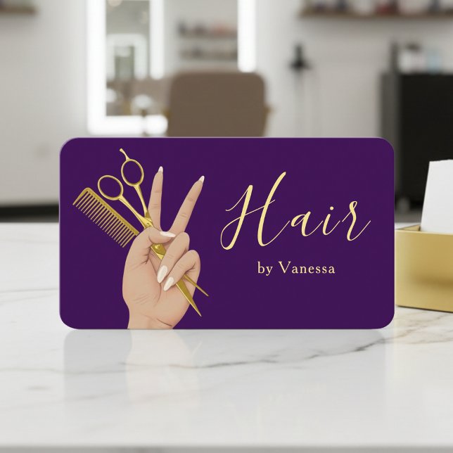 Luxury Hairstylist Hairdresser Modern Gold Purple Business Card (Creator Uploaded)