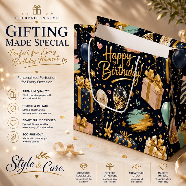 Luxury Happy Birthday Celebration Pattern Large Gift Bag (Luxury Happy Birthday Celebration Pattern Large Gift Bag)