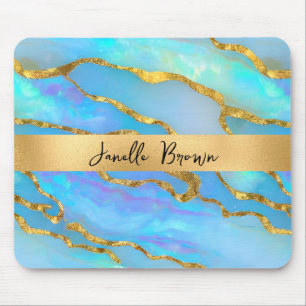 Luxury Holographic Faux Opal Stone and Gold Foil Mouse Pad