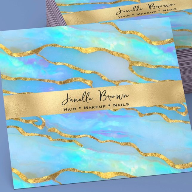 Luxury Holographic Faux Opal Stone and Gold Foil  Square Business Card (Creator Uploaded)