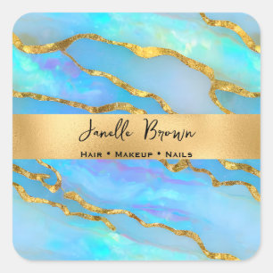 Luxury Holographic Faux Opal Stone and Gold Foil Square Sticker