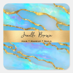 Luxury Holographic Faux Opal Stone and Gold Foil Square Sticker