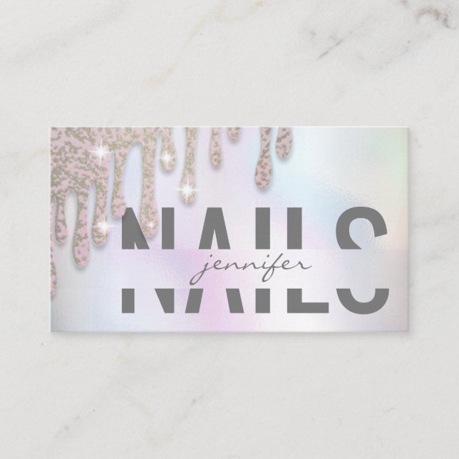 Luxury holographic glittery drips Nail salon Business Card (Front)