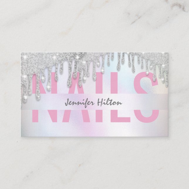 Luxury holographic glittery drips Nail salon Business Card (Front)