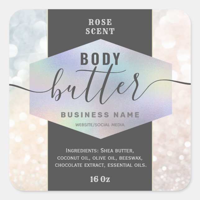 Luxury holographic script body butter label (Front)