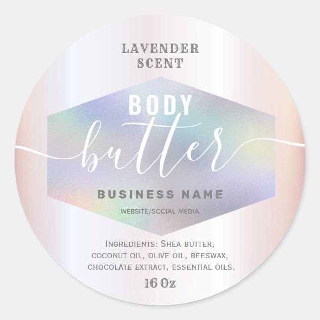 Luxury holographic script body butter label (Front)