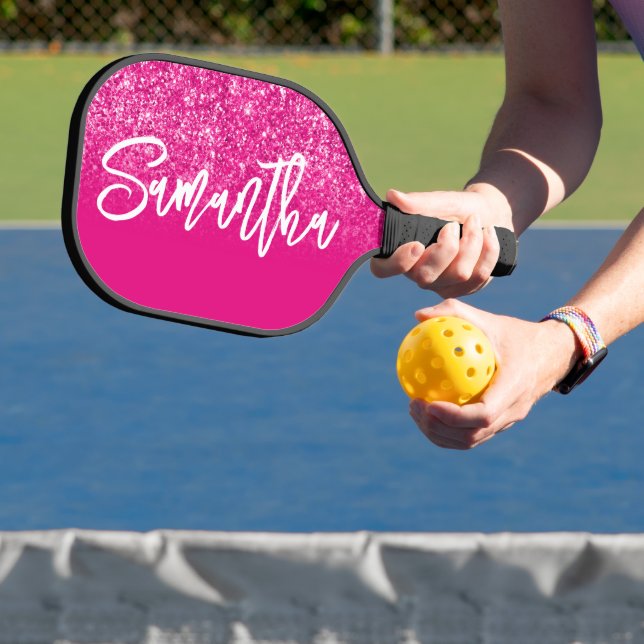 Luxury Hot Pink Glitter Ombre Personalised Pickleball Paddle (Insitu)