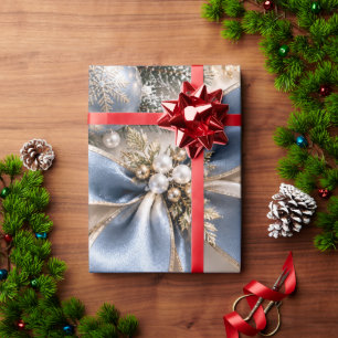 Luxury Icy Blue Gold Christmas Ribbons Wrapping Paper