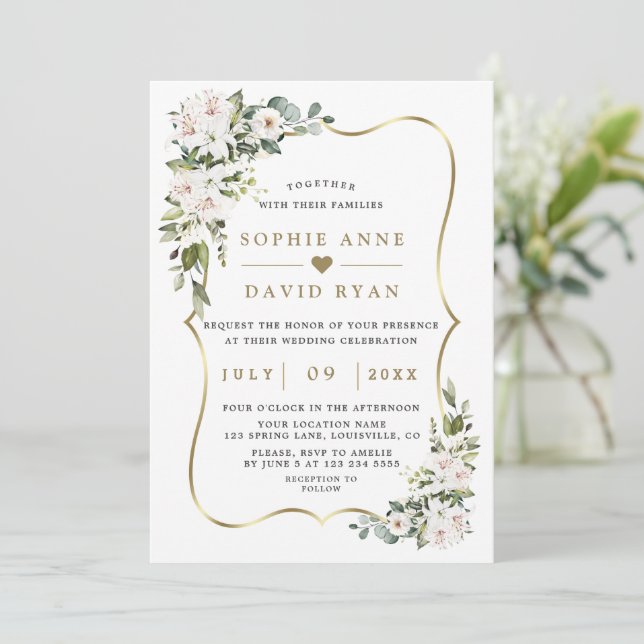 Luxury Imperial White Lilies Rose Gold Wedding  In Invitation (Standing Front)
