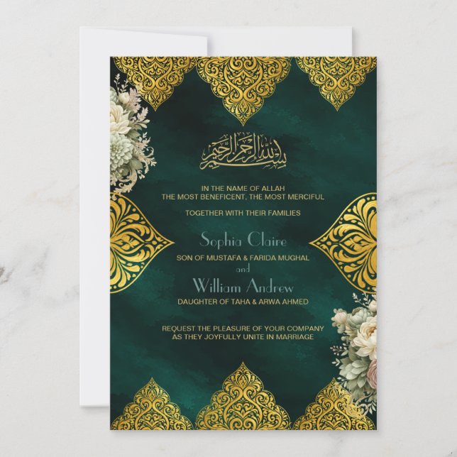 Luxury Islamic Ottoman Wedding Invitation Emerald  (Front)