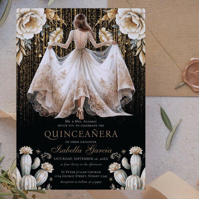 Luxury Ivory Black Gold Quinceañera Invitation (Creator Uploaded)