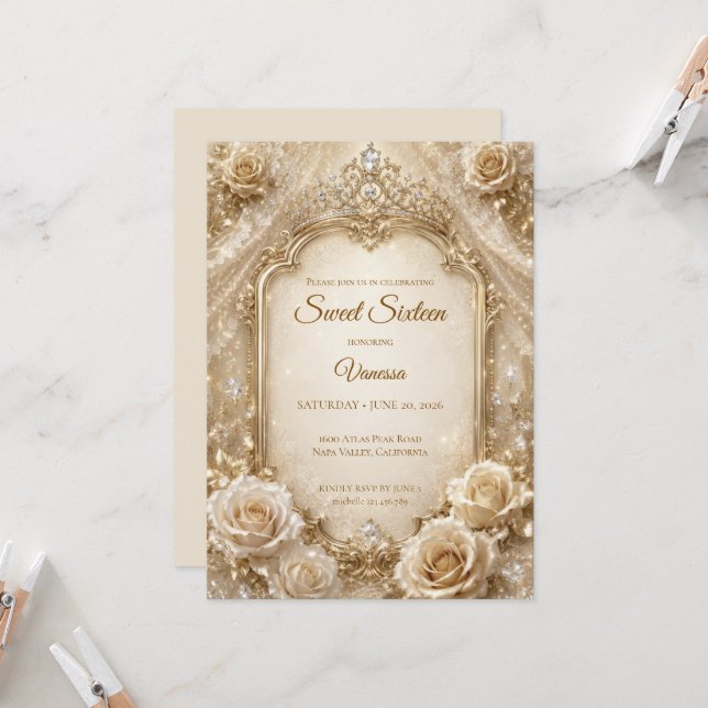 Luxury Ivory Gold Bow Sweet 16 Invitation (Front/Back In Situ)
