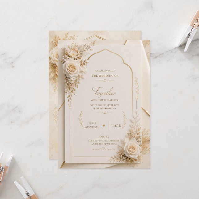 Luxury Ivory Gold Wedding Invitation (Front/Back In Situ)