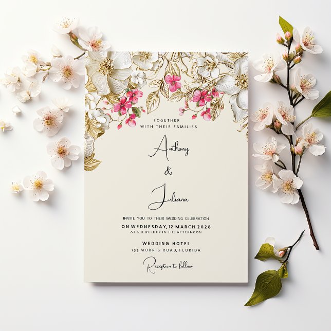 Luxury ivory pink white gold flowers wedding invitation (Luxury ivory pink white gold flowers wedding)