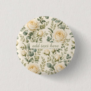 Luxury Ivory Rose & Sage Green Eucalyptus Wedding 3 Cm Round Badge