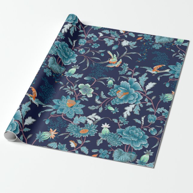 Luxury Japanese Blue Peony and Birds Romantic Wrapping Paper (Unrolled)