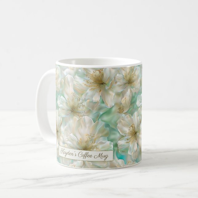 Luxury Jasmine Golden Sage Green Floral Script  Coffee Mug (Front Left)
