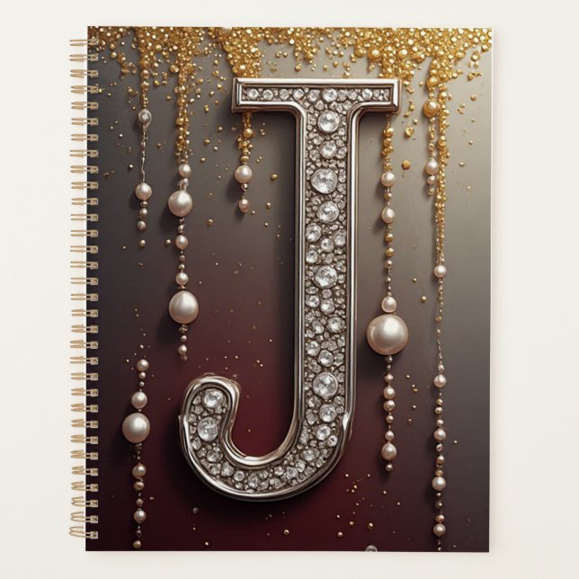 Luxury Jewel Letter J Monogram With Glitter Planner (Front)