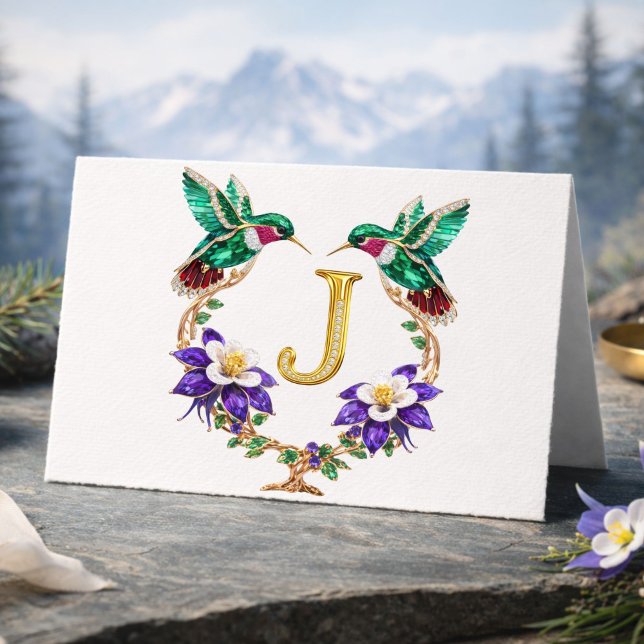 Luxury Jeweled Hummingbird Monogram J Wedding Thank You Card (Creator Uploaded)