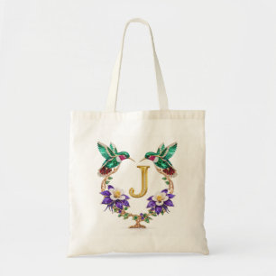 Luxury Jeweled Hummingbird Monogram J Wedding Tote Bag