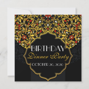 Luxury Jewelled Black Red Gold Birthday Dinner Invitation