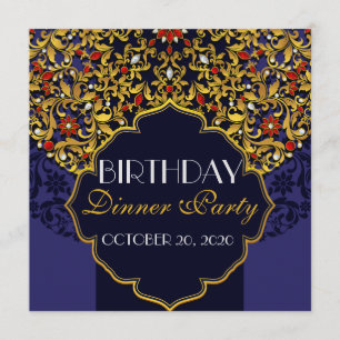 Luxury Jewelled Blue Red Gold Birthday Dinner Invitation