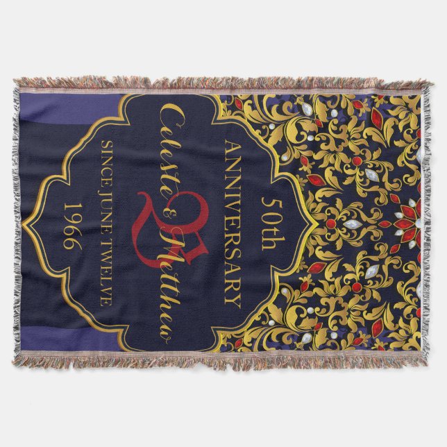 Luxury Jewelled Blue Red Gold Wedding Anniversary Throw Blanket (Front)