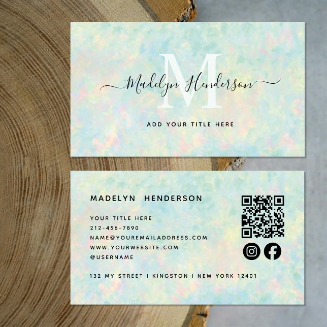 Luxury Jewellery Opal QR Code Social Media Monogra Business Card (Creator Uploaded)