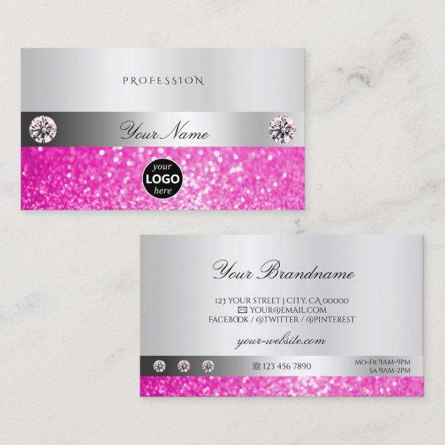 Luxury Jewels Silver Shimmer Pink Glitter Add Logo Business Card (Front/Back)