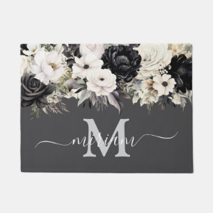 Luxury Kitchen Floor Mat: Black and White Flowers Doormat