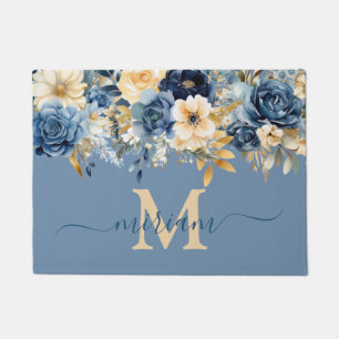 Luxury Kitchen Floor Mat: Blue and Gold Flowers Doormat