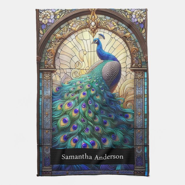 Luxury Kitchen: Stained Glass Peacock Custom Name Tea Towel (Vertical)