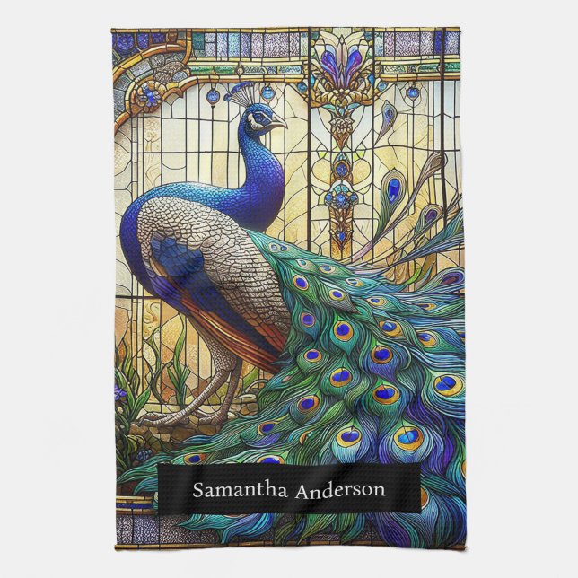Luxury Kitchen: Stained Glass Peacock Custom Name Tea Towel (Vertical)