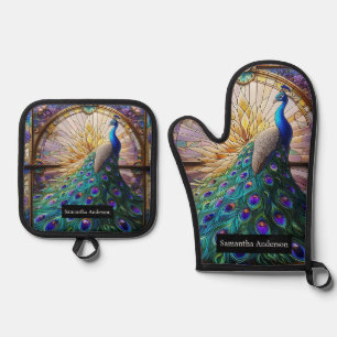 Luxury Kitchen: Stained Glass Peacock Oven Mitt & Pot Holder Set