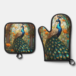 Luxury Kitchen: Stained Glass Peacock Oven Mitt & Pot Holder Set