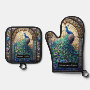 Luxury Kitchen: Stained Glass Peacock Oven Mitt & Pot Holder Set