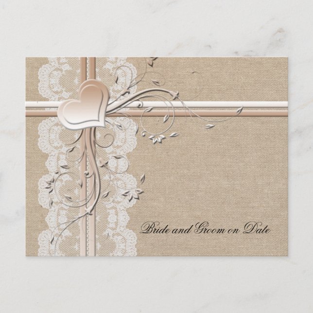 Luxury Lace Heart Burlap Save date card (Front)