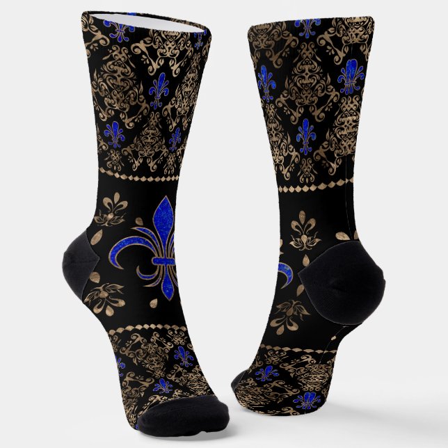 Luxury Lapils Lazuli and gold Fleur-de-lis ornamen Socks (Angled)