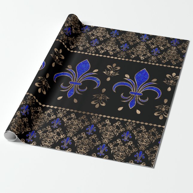 Luxury Lapils Lazuli and gold Fleur-de-lis ornamen Wrapping Paper (Unrolled)