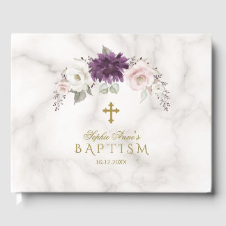Luxury Lavender Blush Floral Cross Marble Baptism Guest Book