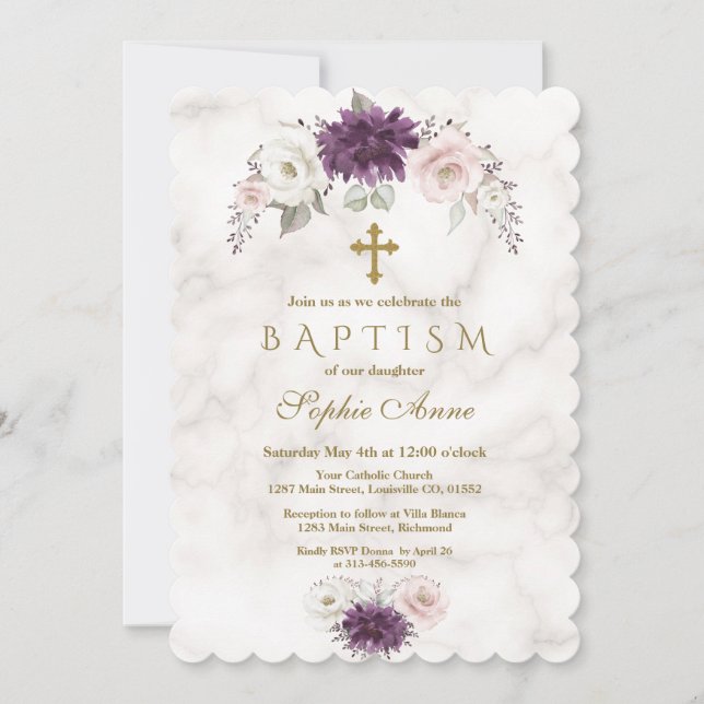 Luxury Lavender Blush Floral Cross Marble Baptism Invitation (Front)