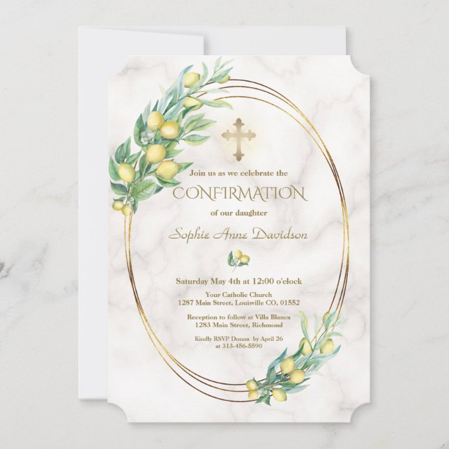 Luxury Lemon Branches Gold Cross Confirmation Invitation (Front)