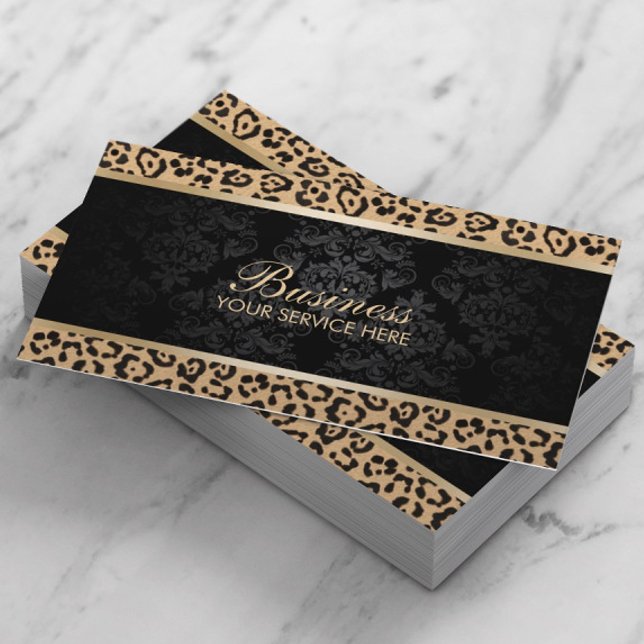 Luxury Leopard Black Damask Beauty Salon Business Card (Creator Uploaded)