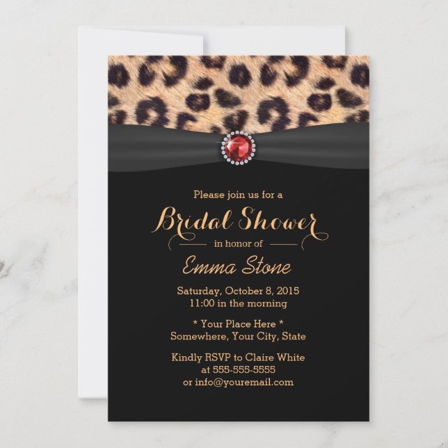 Luxury Leopard Print & Ruby Gemstone Bridal Shower Invitation (Front)