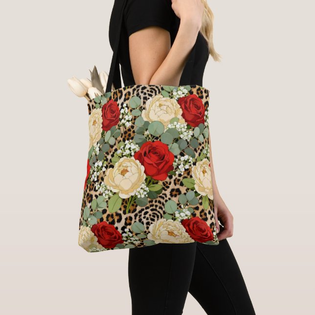 Luxury Leopard & Red Rose Pattern  Tote Bag (Close Up)
